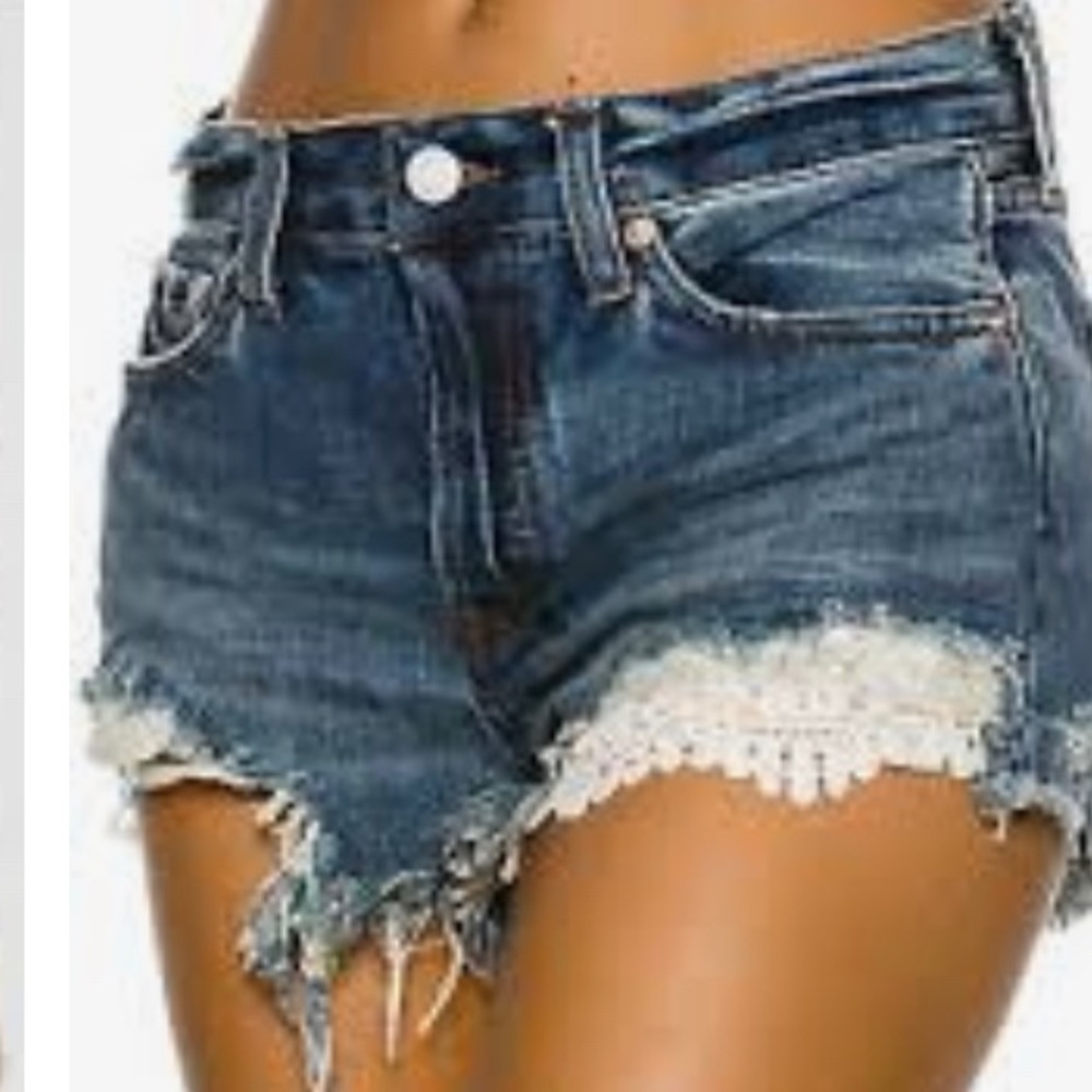 Free People Blue Denim Jean Shorts with Lace Trim